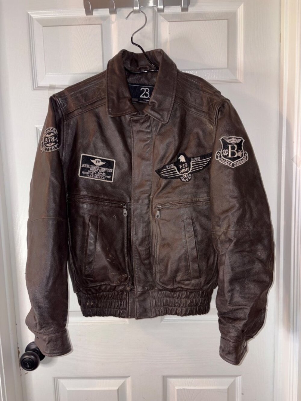 Vintage Brown Leather Pilot Jacket Military-Inspired Patches 23rd St Brand